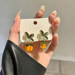 Korean Style Persimmon Lucky Pastoral Glass Cherry Clip Earrings Summer Fruit Orange Earrings Girl Ear Jewellery