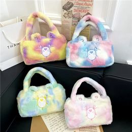 Handbags Kids Cute Cartoon Animal Furry Handbag Students Plush Tote Bag College Girls Kawaii Bear Fluffy Clutch Bag 231006