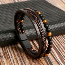 Charm Bracelets Fashion Beads Leather Bracelet Men Classic Tiger Eye Beaded Multi Layer For Jewelry Gift 231006