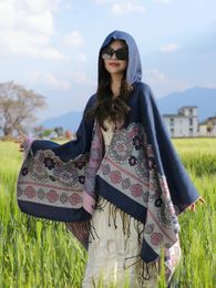 Scarves Poncho Woman Vintage Tassel Shawl Winter Floral Print Split Thermal Cape Hooded Double Sided Pashimina Scarf 231007