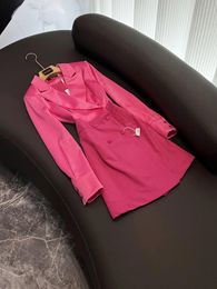 2023 Autumn Hot Pink Solid Colour Panelled Dress Long Sleeve Notched-Lapel Buttons Double-Breasted Casual Dresses F3O0774