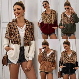 Women's Hoodies Leopard Print Zip-up Plush Coat Ladies' Cardigan Hooded Sweatshirt Colour Block Office Female Autumn Wint