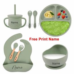 Cups Dishes Utensils 8Pcs Baby Silicone Feeding Set Round Dining Plate Sucker Bowl Dishes For Kids Personalized Name Children's Tableware Straw Cup 231007