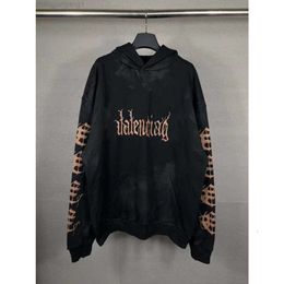 Correct 2024 Designer Paris Balencigaas Edition B Family Balanciagalies Sanskrit Letter BB Print Hand-painted Worn Out Mens and Womens Hooded Sweater UJG1