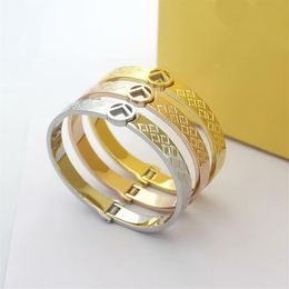 Europe America Fashion Style Lady Women Titanium steel Engraved F Initials Hollow Out Wide Bangle Bracelets 3 Color2688