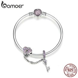 Bangle 925 Sterling Silver Pink Heart Lock and Key Bracelet Bangle for Women Charm Bead DIY Valentine's Day Gift Jewellery SCB820 231005