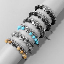 Strand 2pcs/set Natural Stone Labradorite Bracelet Fashion Volcanic Beads Cross Bracelets Men Hematite Beaded Metal Chains Jewelry