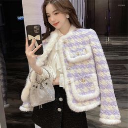 Women's Jackets Elegant Plaid Cropped Jacket Women Fall Winter Thick Warm Fashion Sweet Long Sleeve Plush Pocket Coat Korean Kawaii