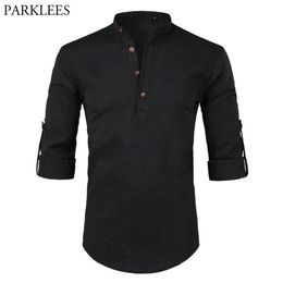 Black Cotton Linen Shirt Men Autumn Rolled Up Sleeve Mens Casual Dress Shirts Slim Fit Henley Shirt Male Chemise Homme 210628168m