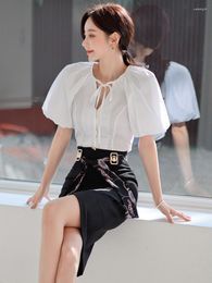 Work Dresses Korean Fashion Summer Chic 2 Piece Outfit Women Formal Commute White Puff Sleeve Tops Shirt Blouse Black Midi Skirt Set