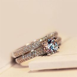 2PCS set Bamos Luxury Female White Bridal Wedding Ring Fashion 925 Silver Filled Jewellery Promise CZ Stone Engagement Rings For W214I