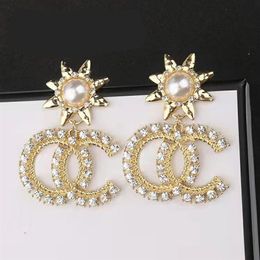 18K Gold Plated Luxury Brand Designers Double Letters Stud Dangle Hoop Geometric Women Sunflower Tassel Crystal Rhinestone Pearl E256u