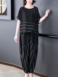 Women's Two Piece Pants 2023 Stripe Black Silk Loose Sets Summer Batwing Sleeve Casual Pieces Women Elegant Vintage Party Ladies Suits