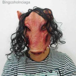 Theme Costume Latex Pig Head Scary Masks Classic Cosplay Prop Halloween Mask Festival plies Mask Chains Pig Head Terrible With Hair FunnyL231008