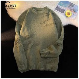 Men's Sweaters Men Hole Fringed Knit Sweaters Hip Hop Solid Loose Streetwear Sweater Autumn Casual Pullover Retro Lazy Style Mens Pullovers 231007