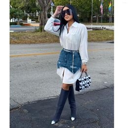 Work Dresses Fashion Denim Mini Skirt Two 2 Piece Set Women Vintage Long Sleeve Turn-down Collar Shirt Blouse Dress Irregular Streetwear