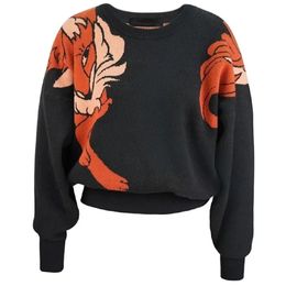 Black Cartoon Jacquard Sweater Tops Women Autumn Winter Long Sleeve O-neck Pullovers Stylish Fashion Vintage Ladies Jumpers 2023