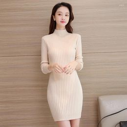 Casual Dresses Autumn Winter Basic Midi Dress Women Half High Collar Full Sleeve Sheath Bodycon Bace Sweater Mini