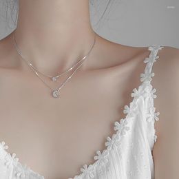 Pendants VENTFILLE 925 Sterling Silver Star Moon Necklace For Women Double Layer Elegant CZ Clavicle Chain Jewelry 2023