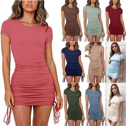 Baumwolle Geraffte Kordelzug Sexy Party Kleid Frauen Kurzarm Elastische Mini Kleider Vintage Bodycon Club Tragen Vestidos315d