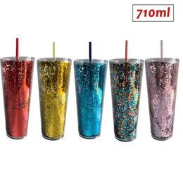 Mugs 710ml Double Layer Colorful Glitter Plastic Cup With Straw Creative Water Cup Straw Cup Coffee Tumbler Reusable Drinking Mug 231007