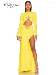 Two Piece Dress Ailigou 2023 Women's Luxury Beaded Starfish Diamond Sexy Long Sleeve Short Top Pencil Skirt 2-Piece Nightclub Party Set
