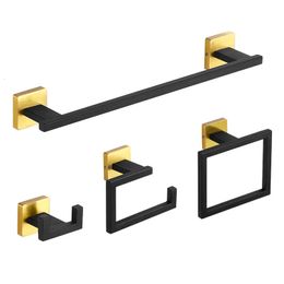 Bath Accessory Set Matte Black Gold Bathroom Accessories Set Wall Towel Holder Roll Paper Holder Towel Ring Robe Hook Stainless Steel Hardware Set 231007