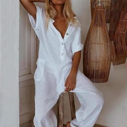 Summer Jumpsuit Cotton Linen High Quality Loose Womens Jumpsuits Fashion Casual Overalls Solid Short Sleeve Romper Women's & 305x