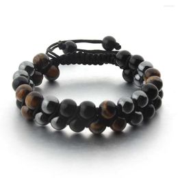Strand Natural Tiger Eye Stone Bracelet For Men's Woven Adjustable Black Magnet Yoga Beaded