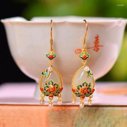 Dangle Earrings Natural Chalcedony Water Drop Enamel Porcelain For Women Inlaid Pearl Tassel Ethnic Style Cheongsam Accessories Jewelry