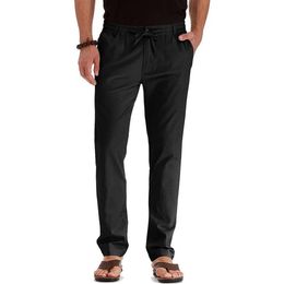 Men Cotton Linen Casual Pants Elastic Lightweight Drawstring Waist Straight Soft Business Pant Slim Trousers315B