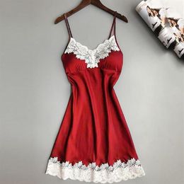 Lace Deep V-neck Nightdress Sexy Lingerie Nightgowns Sleepwear Night Dress Women Sleeveless Nightwear Faux Silk Satin Nightshirt1288V