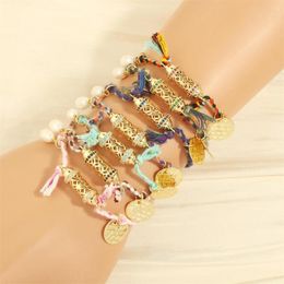 Link Bracelets Mixed Color Cotton Woven Patterned Cage Bracelet For Women CZ Inlaid Freshwater Pearl Pendant Friendship Hand Jewelry Gifts