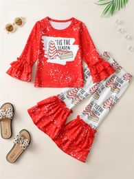 Clothing Sets Girl's Christmas Style Outfit 2pcs TIS THE SEASON Print Trumpet Sleeve Top Flared Pants Set Toddler Kid's Clothes For Spring 231007
