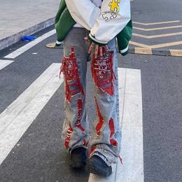 High Street Hip Hop Ripped Drawing Heavy Embroidery Loose Straight Leg Jeans Fashion Brand Niche Design Pants T231007