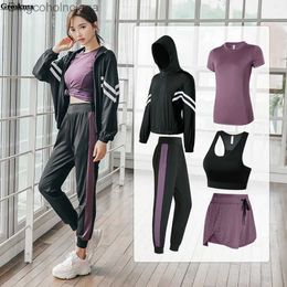 Active Sets 4/5 Piece Set Women Quick Dry Yoga Coats+T Shirt+Bra+Shorts+Pants Mesh Fitness Gym Suits Sports Running Clothing Training SetsL231007