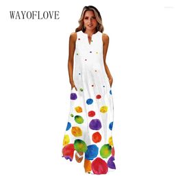 Casual Dresses WAYOFLOVE Spring Summer Long Dress Women Party Elegant V Neck Sleeveless White Printed Beach Holiday Female