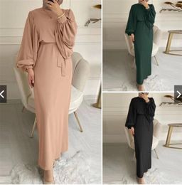 Ethnic Clothing Women's Muslim Long Dress Lantern Sleeve Waist Retraction Robe Solid Color Dubai Turkey Malay Indonesian Ladies