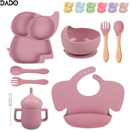 Cups Dishes Utensils Cute Baby Led Weaning Supplies Silicone Dinning Plate Feeding Set Silicon Suction Bowl Bib Cup Self Eating Dishes Spoon Elephant 231007