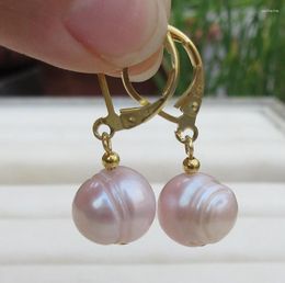 Dangle Earrings 9-10mm South Sea Pink Purple Baroque Pearl YELLOW GOLD