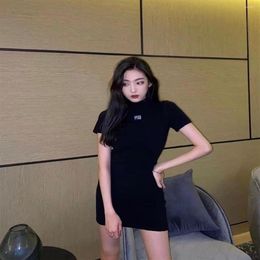 Casual Dresses Summer Short Sleeve Skinny Dress Half High Collar Chest Standard Temperament Wrapped Hip Slim Black235P