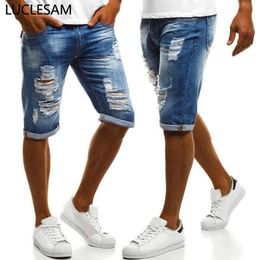 Straight Destroyed Hole Denim Shorts Men New Fashion Distressed Shorts Casual Slim Fit Vintage Ripped Jeans Short Light Blue 3XL2296