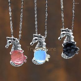 Pendant Necklaces Silver Colour Carved Seahorse Healing Stone Pave Charm Oval Statement Necklace In 18 Inch NM7835