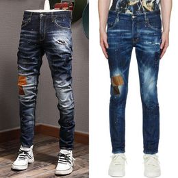 Blue Patches Men Slim Fit Jeans Man Designer Popular Mens Cowboy Trousers Distressed2890