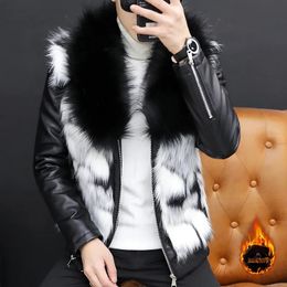 Men's Leather Faux Leather HOO Men's Cool Fur Collar Leather Coat Youth Fleece Thickened Faux Fur PU Leather 231007