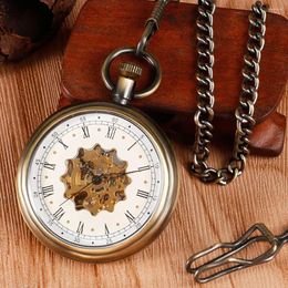 Pocket Watches Hand-winding Mechanical Watch Bronze Pendant Flower Openwork Design Capless Clock Unisex Gift Thick Chain