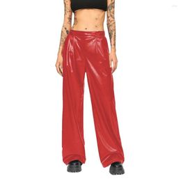 Women's Pants Womens PU Straight Solid Colour Streetwear Matte Faux Leather Waist Elastic Trousers Mens Fashion Casual Wide Leg