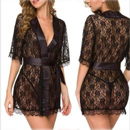 Sexy Erotic Lingerie Plus Size Langerie Kimono Dress Satin Black Sleepwear Pyjamas for Women Baby doll G String298Y