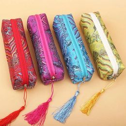 Jewellery Pouches Vintage Wave Long Zipper Bag Travel Tassel Silk Brocade Necklace Gift Cosmetic Makeup Pencil Case Storage Pocket