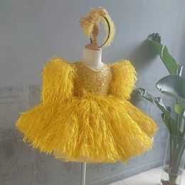 gold shiny Flower Girl Dresses feather bling Tutu Vintage Little Baby Gowns for Communion Boho Wedding Ball Gown Toddler Pageant Tulle Pearls First Communion Dress